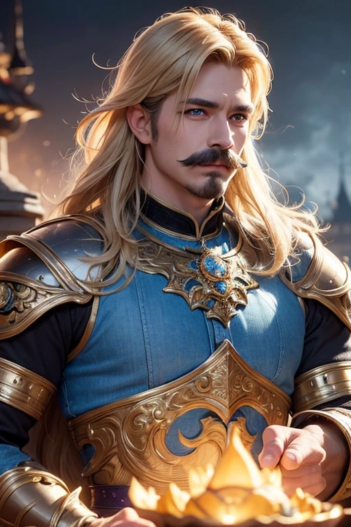 An 8k masterpiece, highest resolution, every detail, meticulous detail, depth of field, bright colors, beautiful composition: fantasy character Prince impresses with his blonde mullet hair and glowing,with mustache, eyes Beautifully detailed, a fantasy castle background. This handsome prince with mustache is the epitome of good guys in the fantasy art world. wear armor and jeans.