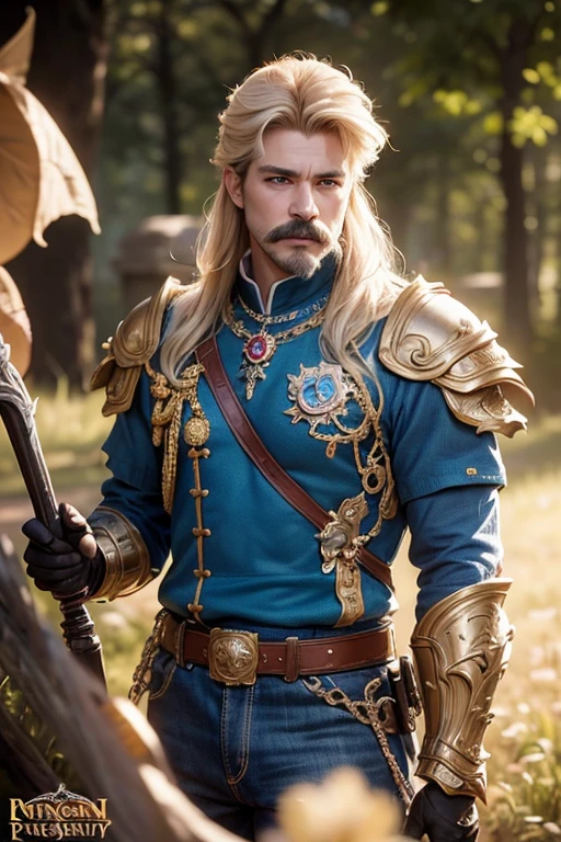 An 8k masterpiece, highest resolution, every detail, meticulous detail, depth of field, bright colors, beautiful composition: fantasy character Prince impresses with his blonde mullet hair and glowing,with mustache, eyes Beautifully detailed, a fantasy castle background. This handsome prince with mustache is the epitome of good guys in the fantasy art world. wear armor and jeans.