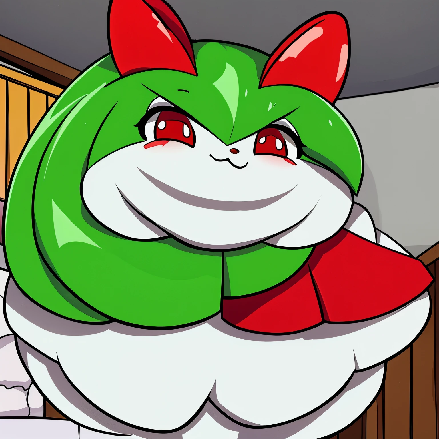 (masterpiece, best quality:1.2), extremely detailed, soft a mbient lighting, sharp focus, 4K, BREAK kirlia, green hair, red eyes, white dress, small breas ts, green skin, smug, :3, BREAK indoors, bedroom, standi ng in bed, legs apart, arms crossed, from below, looking at viewer