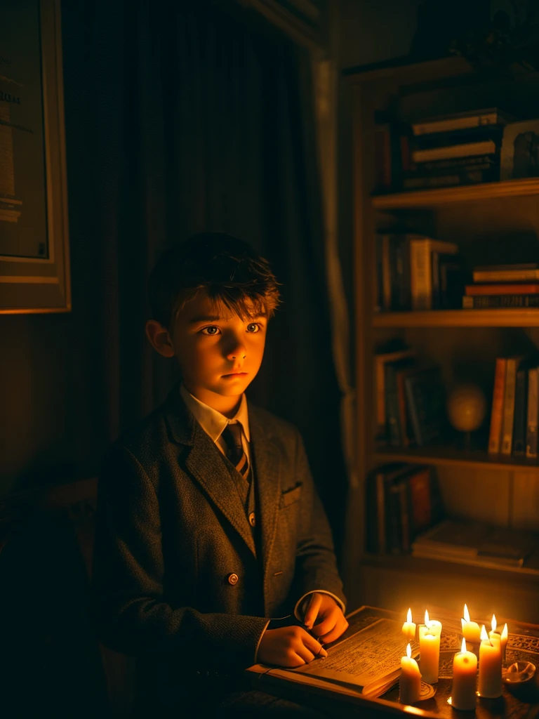A 12 year old boy in his room in the dark night lit by candles, thoughtful and serious appearance, thin and fine face, elegant clothes, early 1900s, room full of books