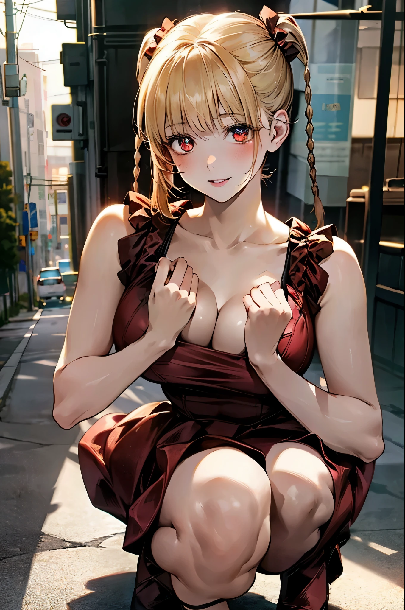 (masterpiece:1.3, top-quality, ultra high res, ultra detailed), (realistic, photorealistic:1.4), beautiful illustration, perfect lighting, natural lighting, colorful, depth of fields, surrealism,
beautiful detailed hair, beautiful detailed face, beautiful detailed eyes, beautiful clavicle, beautiful body, beautiful chest, beautiful thigh, beautiful legs, beautiful hands, white skin, shiny skin, 
looking at viewer, (upper body), cowboy shot, 1 girl, cyberpunk girl, (perfect anatomy, anatomically correct), cute and symmetrical face, face, perfect face, perfect eyes, (slim body), 
(long hair:1.8, twin-tailed, blonde hair), braids, hairline, brown eyes, radiant eyes, scarlet eyes, long eye lasher, (large breasts, seductive thighs), sheer nipples, sheer breasts, 
((detailed cloth texture, toppless, dark red dress, high heels)), bare legs, 
(beautiful scenery), summer, evening, (cityscape), (squatting, versatile sexy poses), , (lovely smile, upper eyes, parted lips),