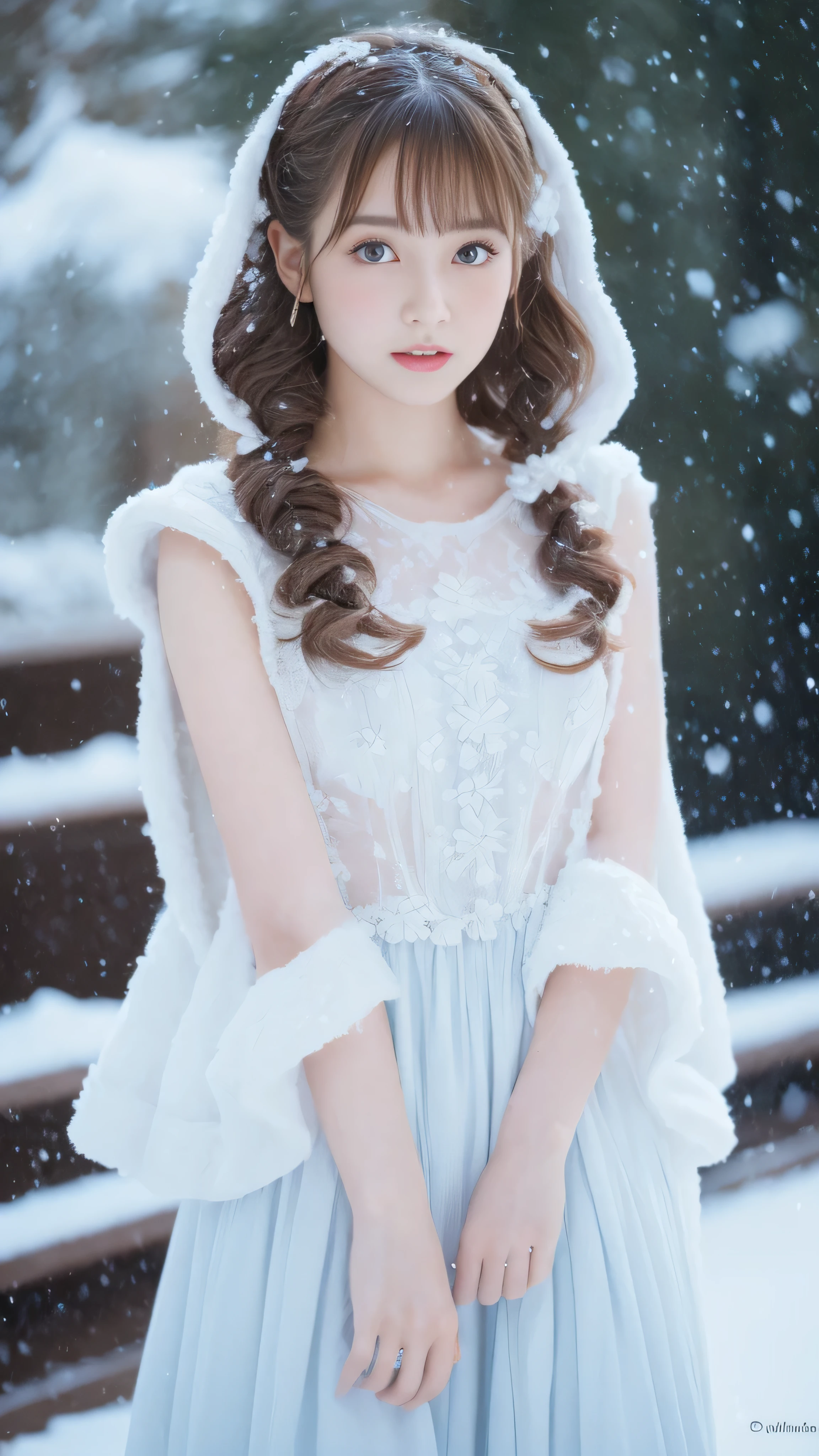 (highest quality, 8k, 32K，details are very clear),Realistic, High resolution, 1 Japanese Women, alone, (Lolita Costume)，Gorgeous costumes，Facing the audience，(Upper Body，Upper limbs)， Beautiful Eyes, brown hair, Ring-shaped eyes, (outside，Heavy snowfall，thick fur cape，Cover with snow)，Snowfield，blue eyes，highest qualityのイラスト，Detailed facial features