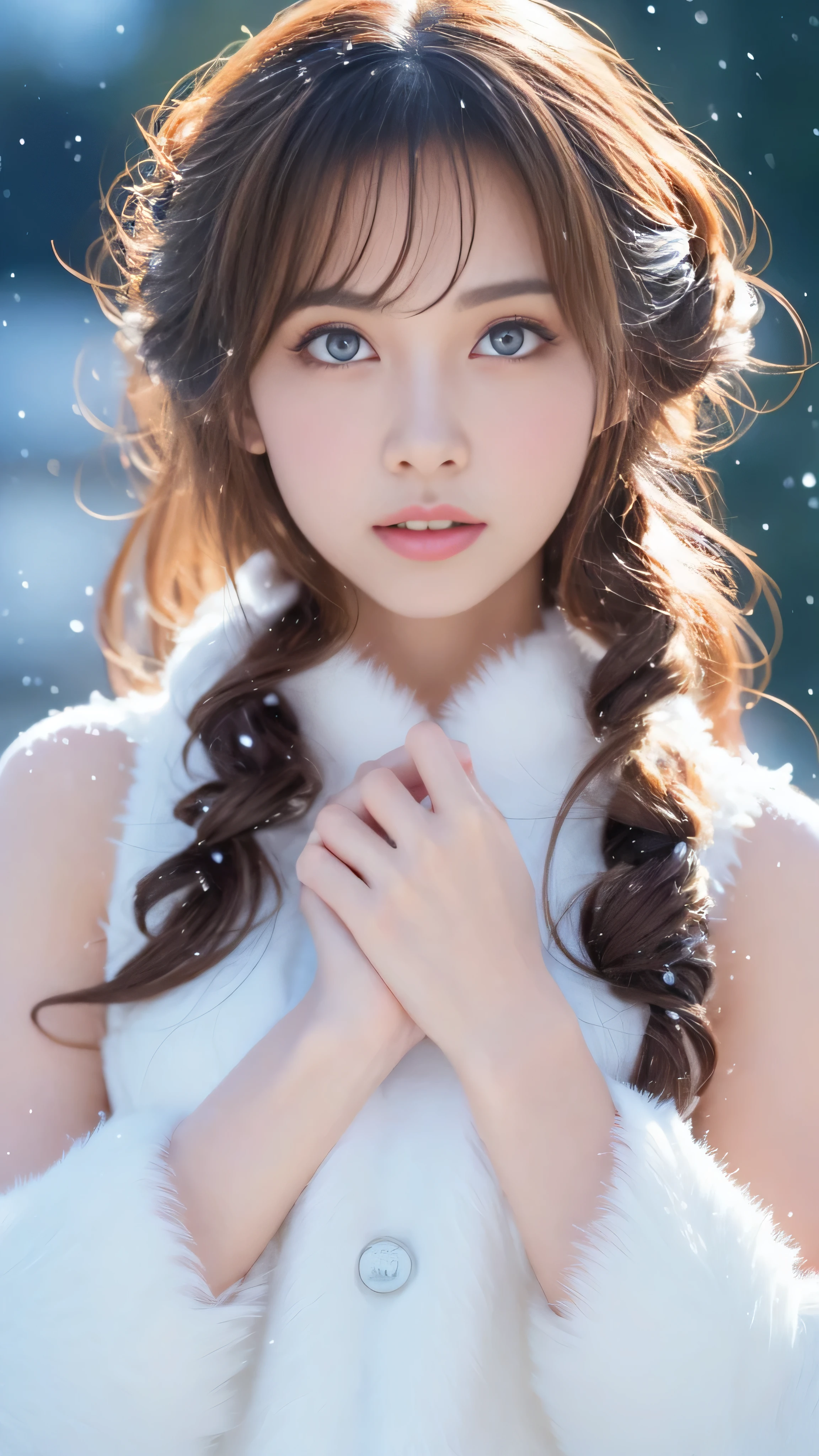 (highest quality, 8k, 32K,details are very clear),Realistic, High resolution, 1 Japanese Women, alone, (Lolita Costume),Gorgeous costumes,Facing the audience,(Upper Body,Upper limbs), Beautiful Eyes, brown hair, Ring-shaped eyes, (outside,Heavy snowfall,thick fur cape,Cover with snow),Snowfield,blue eyes,highest qualityのイラスト,Detailed facial features