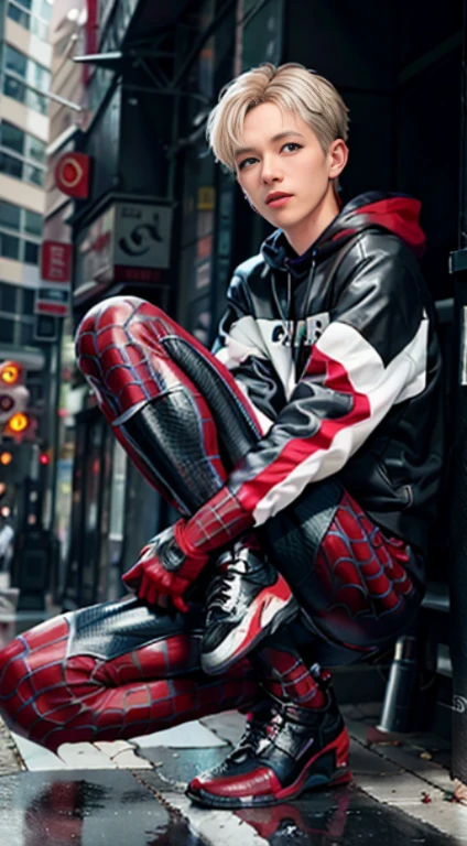 Full body photo,Sit on the groundd,Exaggerated,25 years old spider boy,male Spider-Man,Wenger Spider-Man costume outfit,((black and red colors)),24mm,4K textures,low-light,HDR,complex,with short white hair,highly details,(side of head shaved:1.3),Sharp focus,insanely details,Complicated details,hyper-detailing,