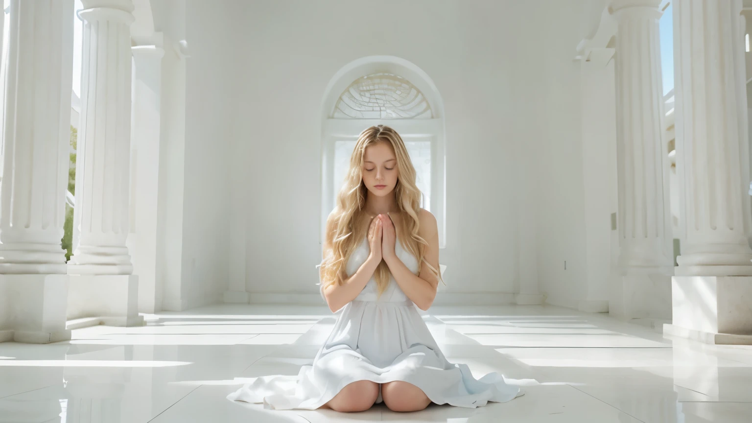A white woman with long hair very very curly blonde in a meditation pose with closed eyes and hands in prayer, wearing a light blue and airy dress. The image depicts her entire body realistically within a completely white temple setting, featuring white floors, white stone walls, a white ceiling, and white columns. This scene conveys a serene and tranquil atmosphere.