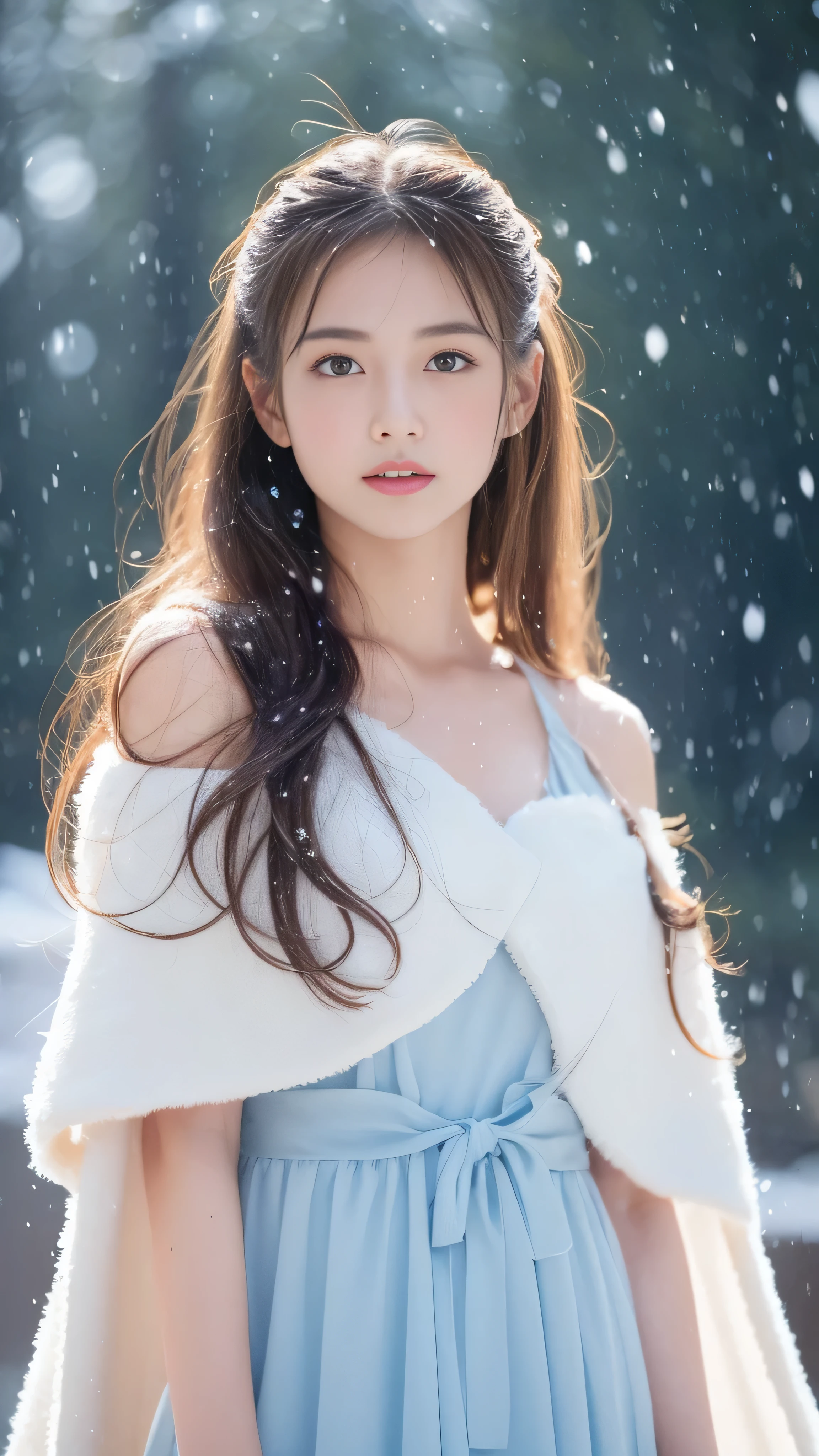 (highest quality, 8k, 32K,details are very clear),Realistic, High resolution, 1 Japanese Women, alone, (Lolita Costume),Gorgeous costumes,Facing the audience,(Upper Body,Upper limbs), Beautiful Eyes, brown hair, Ring-shaped eyes, (outside,Heavy snowfall,thick fur cape,Cover with snow),Snowfield,blue eyes,highest qualityのイラスト,Detailed facial features