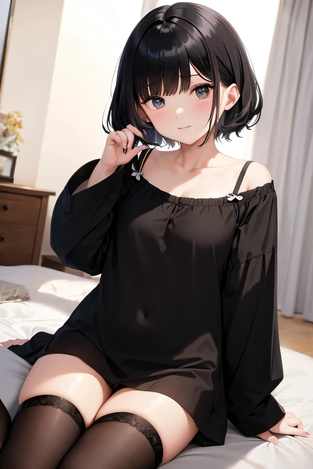 younger sister,Shortcuts,Black Hair,pajamas