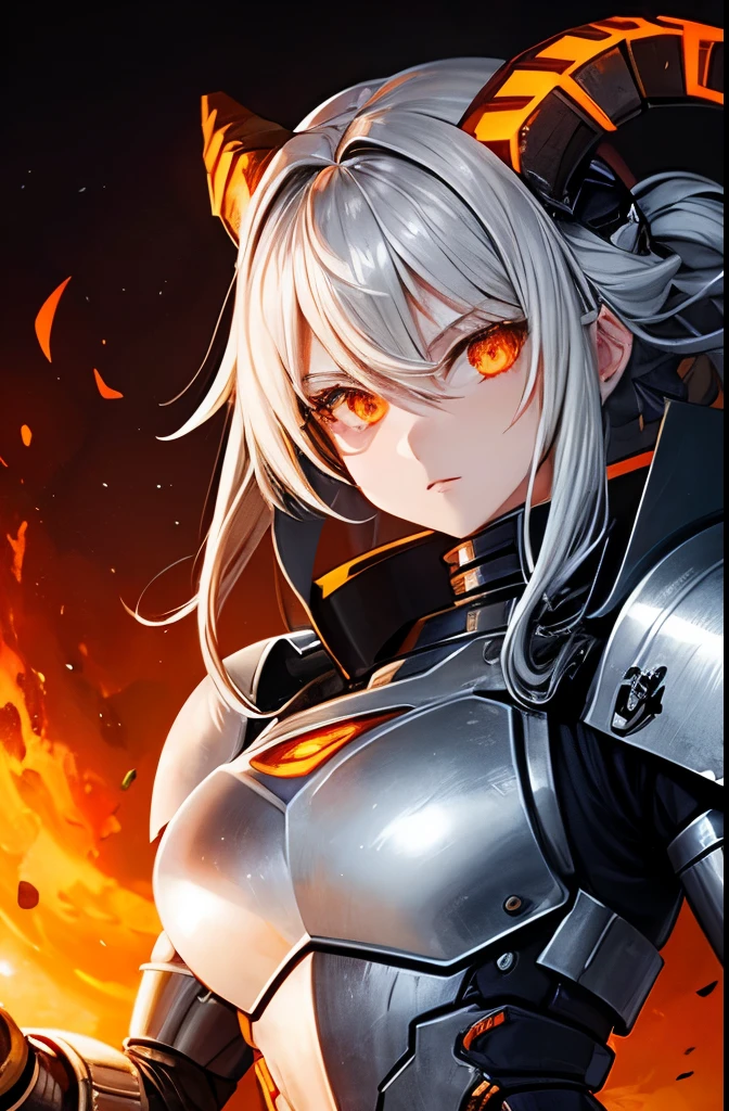 Iron-colored female robot knight Silver Hair Glowing orange eyes Glowing orange ram horns cyber style Upper Body