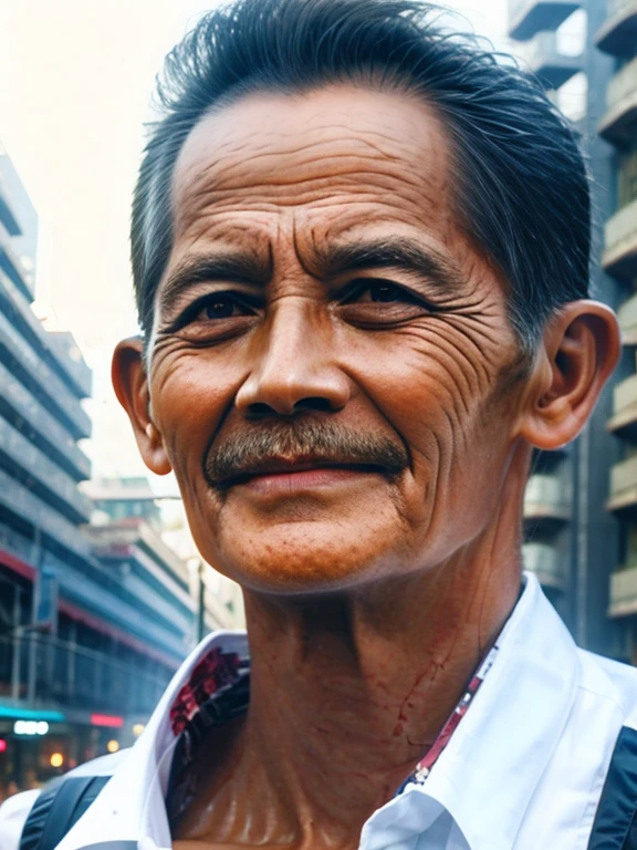 centered,a half body,solo, Indonesia male, kodak chrome photograph of a businessman, 1960s, (sharp focus, skin texture, bokeh),perfect realistic, face skin