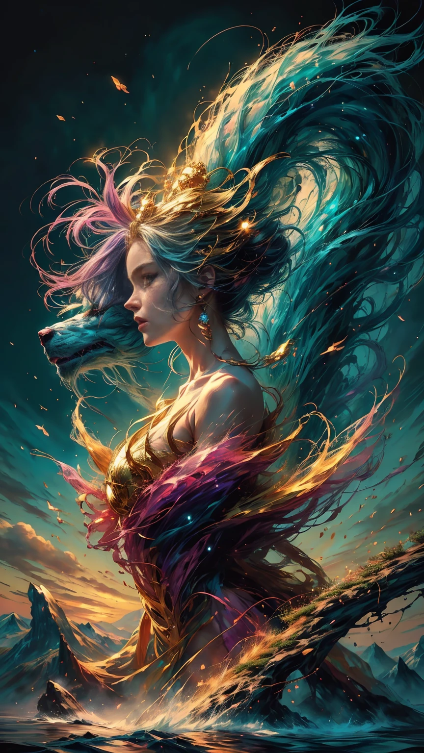 A beautiful Woman, anime style. walking through a vibrant wonderland. The playful scene is captured in a digital painting, showcasing the woman's rainbow mane and sparkling, golden horn. Every tree and mountain in the landscape is meticulously rendered, from the sugary trees to the gumdrop mountains, creating a visually stunning and immersive world. The overall effect is a delightful blend of fantasy and nostalgia, solarpunk, fantasy anime. 2.5D style anime, close-up, fine quality silver eyes, eyes looking at the camera, ultra detailed, Beautiful and aesthetically pleasing, masterpiece, Best quality score, Extremely detailed , dynamic angle, raytraced, middle body, close up, high view, particles and soft lights,