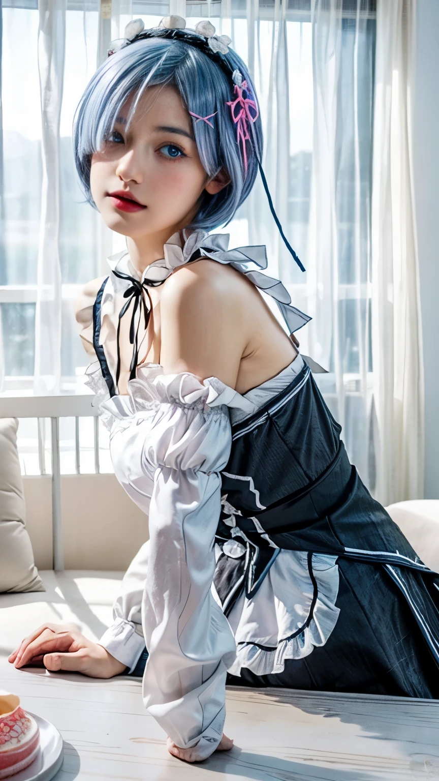 R_and_Meters, One girl,(Beautiful Face:1.25) Blue Short Hair, blue eyes, Hair on one eye, hair ornaments, pink hair ribbon, Rem's maid outfit, Removable sleeves, (Realistic:1.7),((highest quality)),Absurd,(Ultra-high resolution),(photoRealistic:1.6),photoRealistic,Octane Rendering,(hyperRealistic:1.2), (photoRealistic face:1.2), (8k), (4K), (Metersasterpiece),(Realistic skin texture), (figure, Cinema Lighting,wallpaper),( Beautiful Eyes:1.2),((((Perfect Face)))),(cute),(Are standing),((View your viewers)),(Dynamic pose:1.3), Upper Body, Are standing,indoor, living room, sofa, table, window