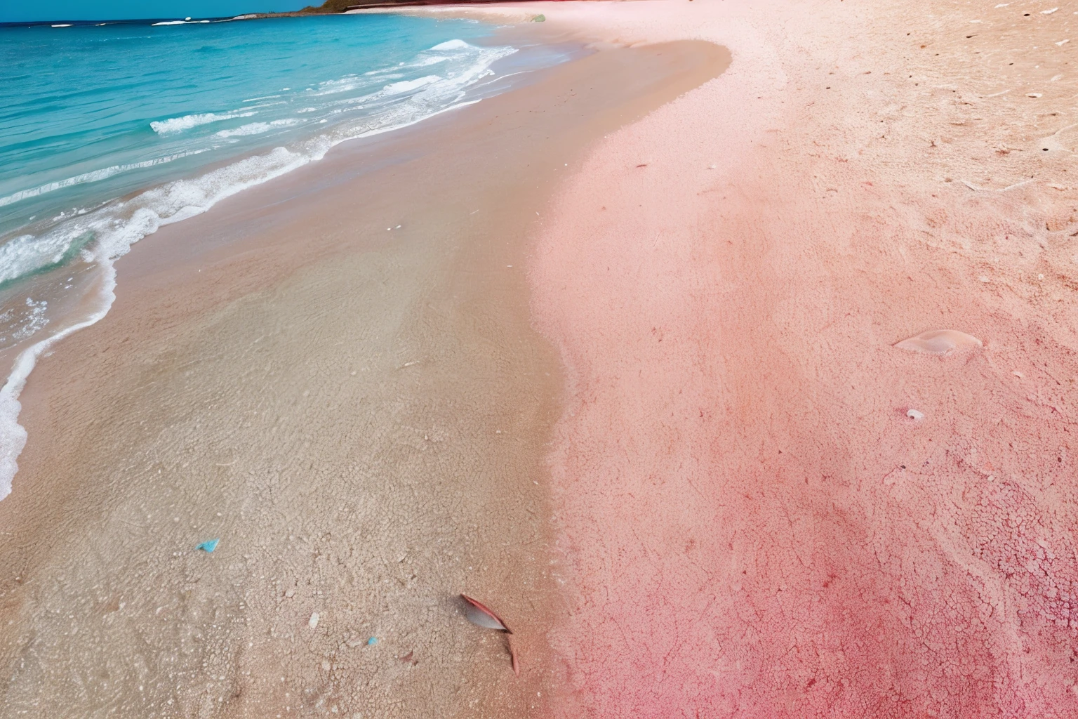 Pink Sands Beach, Bahamas, presents a surreal sight with sands tinted in soft pink hues, attributed to the coral and shells scattered along the shoreline. A photograph captures this enchanting beach scene, where the powdery pink sand meets the crystal-clear turquoise waters. The image showcases the breathtaking contrast of colors, creating a dreamlike and pristine atmosphere that is undoubtedly a masterpiece of natural beauty.