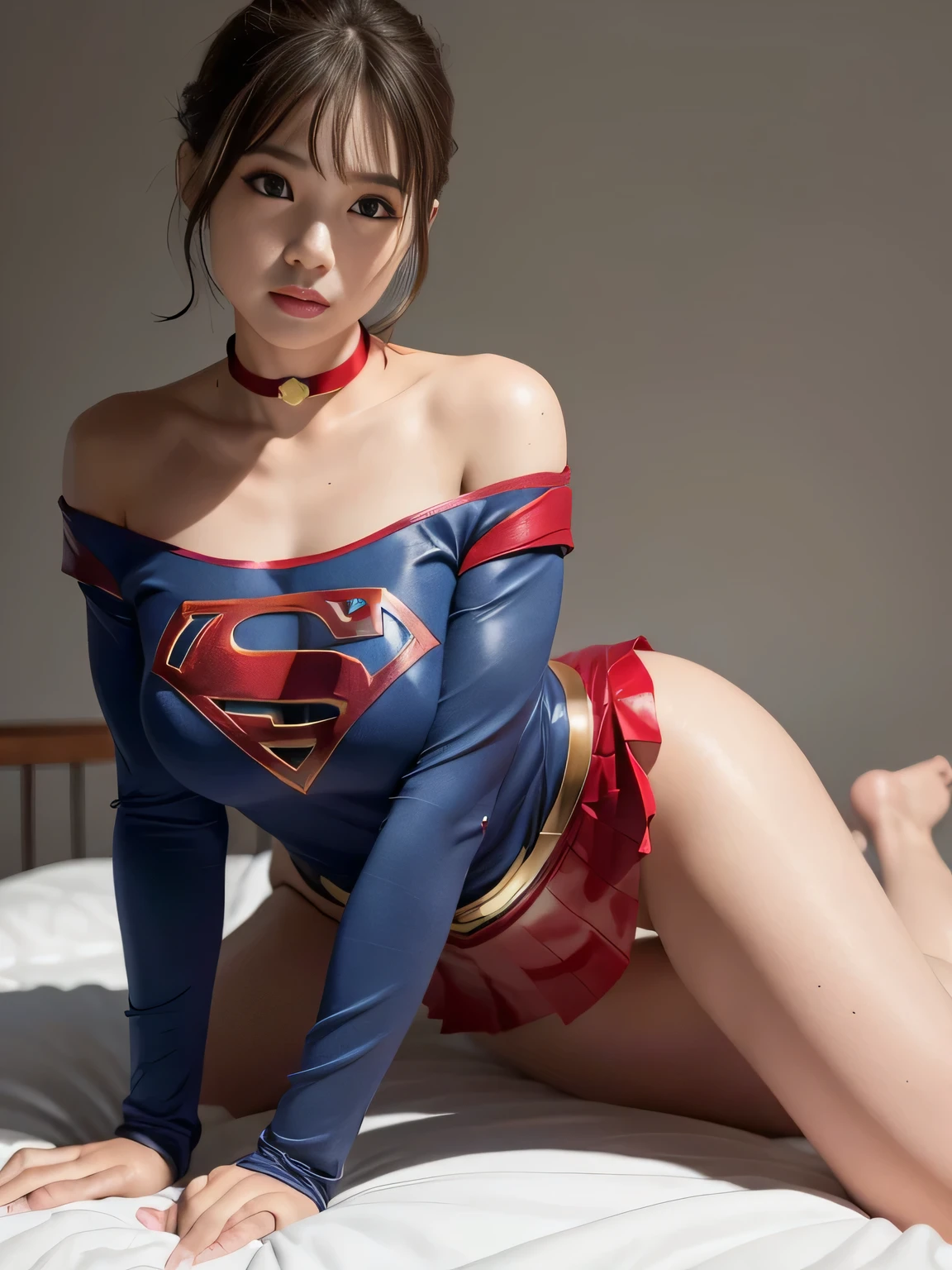 masterpiece、Supergirl Costume、short hair、barefoot、Big and ample breasts、operating room、operating table、Straddle、Crisis situation、Shiny、Looking at the camera、A provocative sexy pose、Estrus、choker、Weekly magazine cover、Long sleeve、Red mini skirt、Off the shoulder、Alluring、charm、Enchanting、Wild、