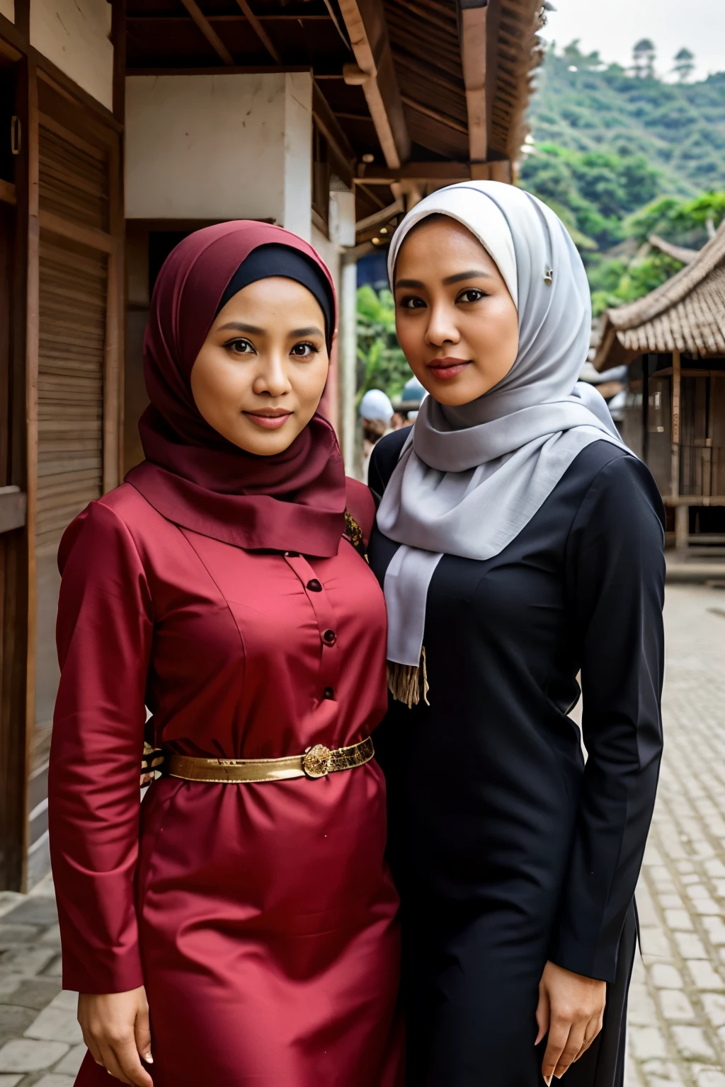 50 years old women using hijab taking photo with sandra dewi wear hijab in kayoetangan heritage in malang city