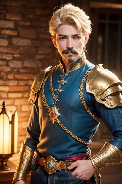 An 8k masterpiece, highest resolution, every detail, meticulous detail, depth of field, bright colors, beautiful composition: fantasy character Prince impresses with his blonde undercut hair and glowing,with mustache, eyes Beautifully detailed, a fantasy castle background. This handsome prince with mustache is the epitome of good guys in the fantasy art world. wear armor and jeans.