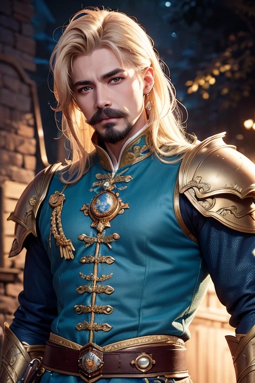 An 8k masterpiece, highest resolution, every detail, meticulous detail, depth of field, bright colors, beautiful composition: fantasy character Prince impresses with his blonde undercut hair and glowing,with mustache, eyes Beautifully detailed, a fantasy castle background. This handsome prince with mustache is the epitome of good guys in the fantasy art world. wear armor and jeans.