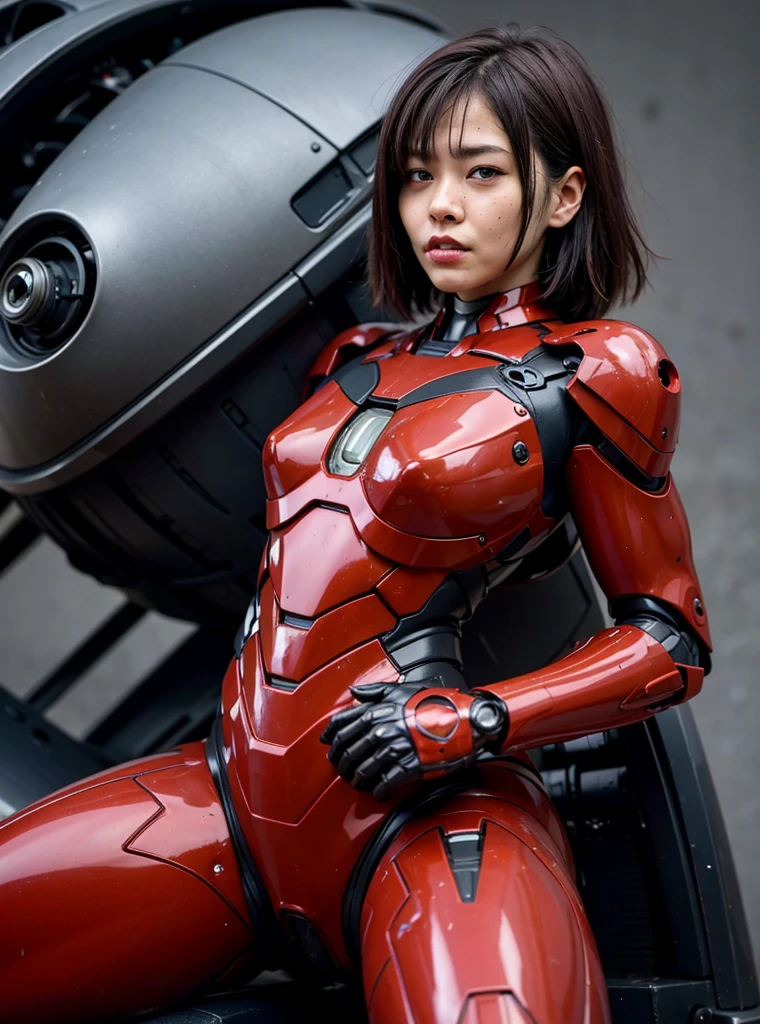  Very detailed, Advanced Details, high quality, 最high quality, High resolution, 1080p, hard disk, beautiful,(sweaty face,She&#39;s wearing a heavily damaged mech,full body shot　Wearing a bright red Iron Man suit　Short Hair　Black Hair　Kindergarten girl　Spread your legs wide　No skin exposed except the face　Steam from the head　　Only the face of the full-face mechanical helmet is exposed　Steam from the head　Open mouth and disgusted expression　Losing the battle　Armor is badly damaged　Armor fragments fly off　I&#39;m under fire.　My glasses are broken