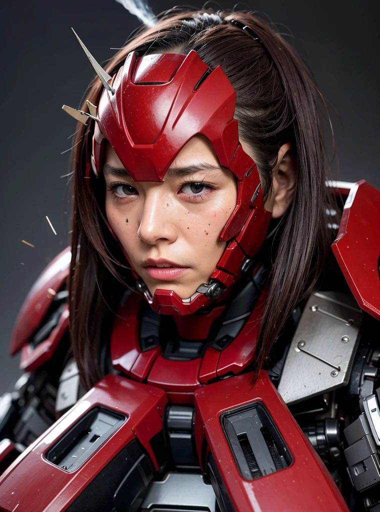 Very detailed, Advanced Details, high quality, 最high quality, High resolution, 1080p, hard disk, beautiful,(sweaty face,She's wearing a heavily damaged mech,full body shot Wearing a bright red Iron Man suit Short Hair Black Hair Kindergarten girl Spread your legs wide No skin exposed except the face Steam from the head Only the face of the full-face mechanical helmet is exposed Steam from the head Open mouth and disgusted expression Losing the battle Armor is badly damaged Armor fragments fly off I'm under fire. My glasses are broken