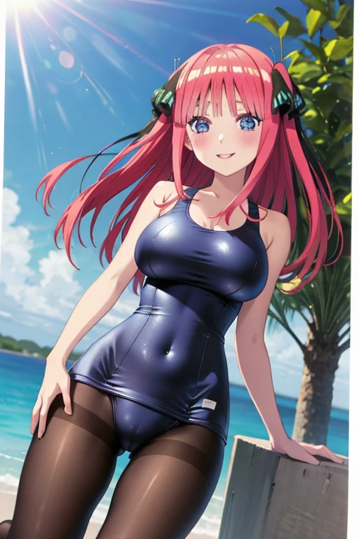 best quality, ultra-detailed masterpiece, anime art style, cute characters, nino nakano, one-piece swimsuit, large breasts, pantyhose, blush, smile