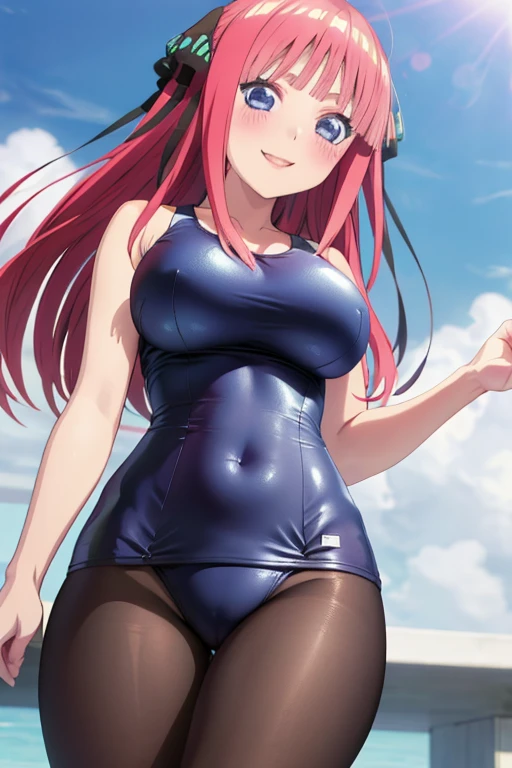best quality, ultra-detailed masterpiece, anime art style, cute characters, nino nakano, one-piece swimsuit, large breasts, pantyhose, blush, smile