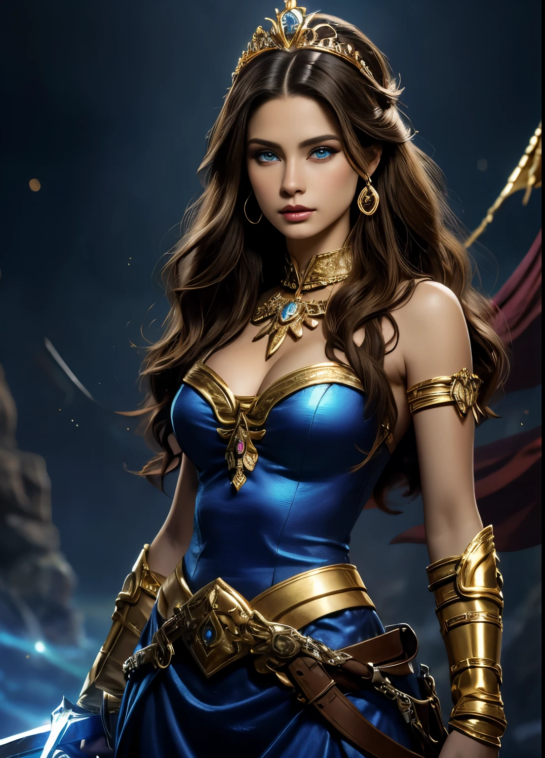 una amazona de temiskira，blue eyes, El pelo largo y ondulado,cuerpo perfecto, dama caballero，correct anatomy，holding a big magic sword, epic fantasy digital art, Obra maestra，8k，High definition resolution，dibujo detallado，mejor calidad，, epic composition,labios finos y rosados, ojos azul elctricos,una tiara dorada y brazaletes de oro