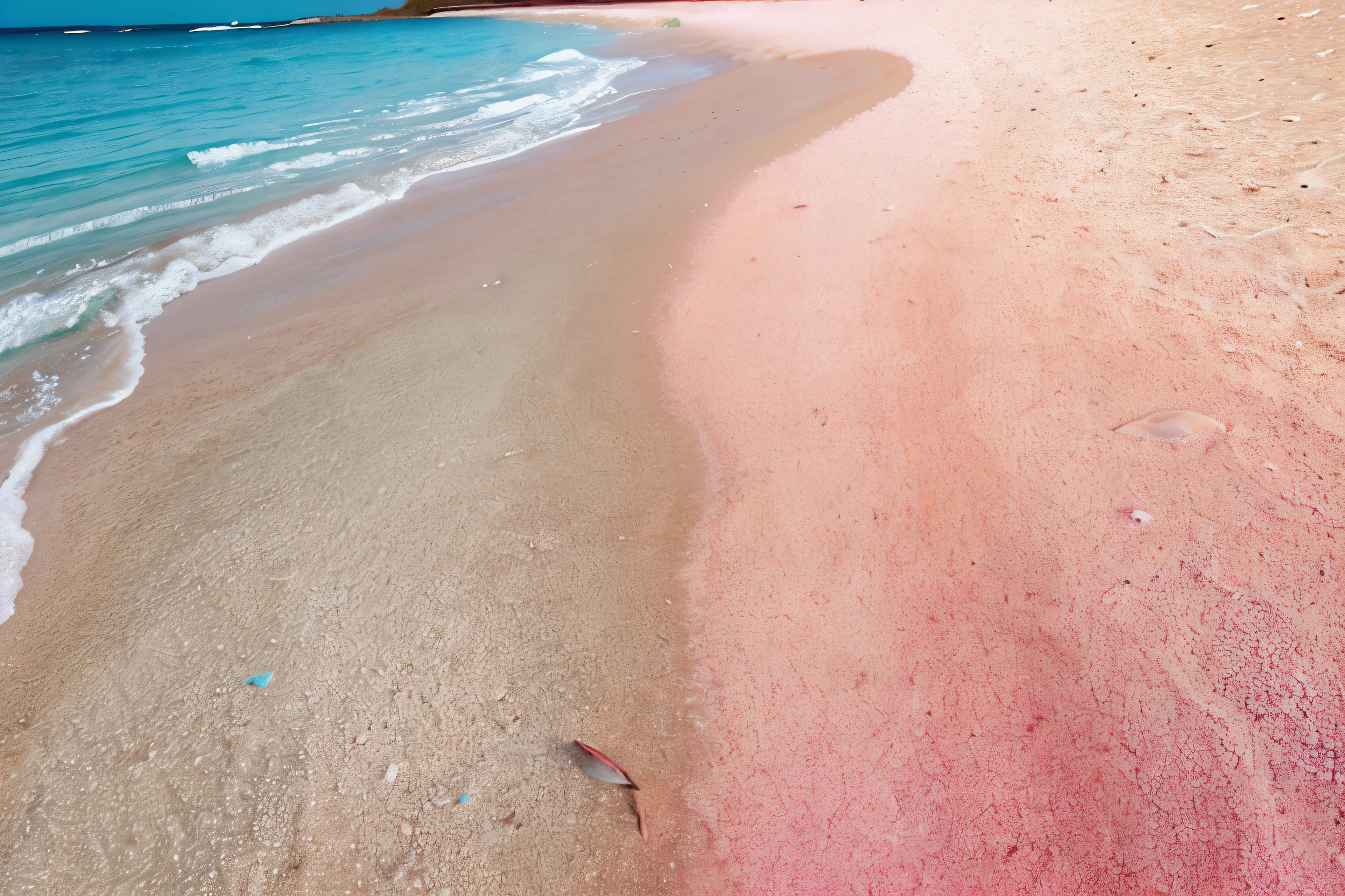 Pink Sands Beach, Bahamas, presents a surreal sight with sands tinted in soft pink hues, attributed to the coral and shells scattered along the shoreline. A photograph captures this enchanting beach scene, where the powdery pink sand meets the crystal-clear turquoise waters. The image showcases the breathtaking contrast of colors, creating a dreamlike and pristine atmosphere that is undoubtedly a masterpiece of natural beauty.