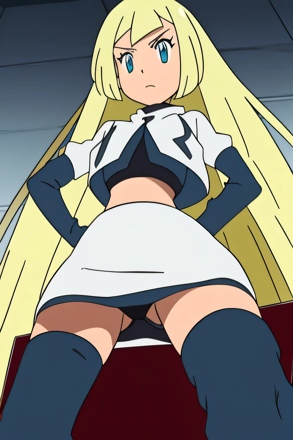 masterpiece,best quality,high res,high quality,8k, masterpiece,highres, team rocket uniform, red letter r, white skirt,white crop top,black thigh-high boots, black elbow gloves, glaring angrily, looking down at viewer, hands on hips, cowboy shot, zettai ryouiki,spread legs,from below, black panties,anime style, vivid colors, sharp focus, intense lighting,colette brunel, long hair,blonde hair