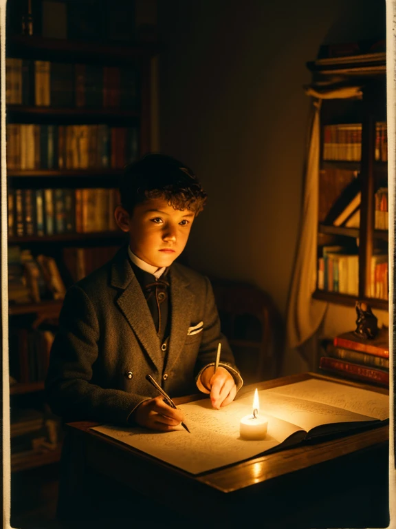 A boy in his room in the dark night illuminated by candles, thoughtful and serious appearance, thin and fine face, elegant clothes, early 1900s, room full of books, five fingers on each hand