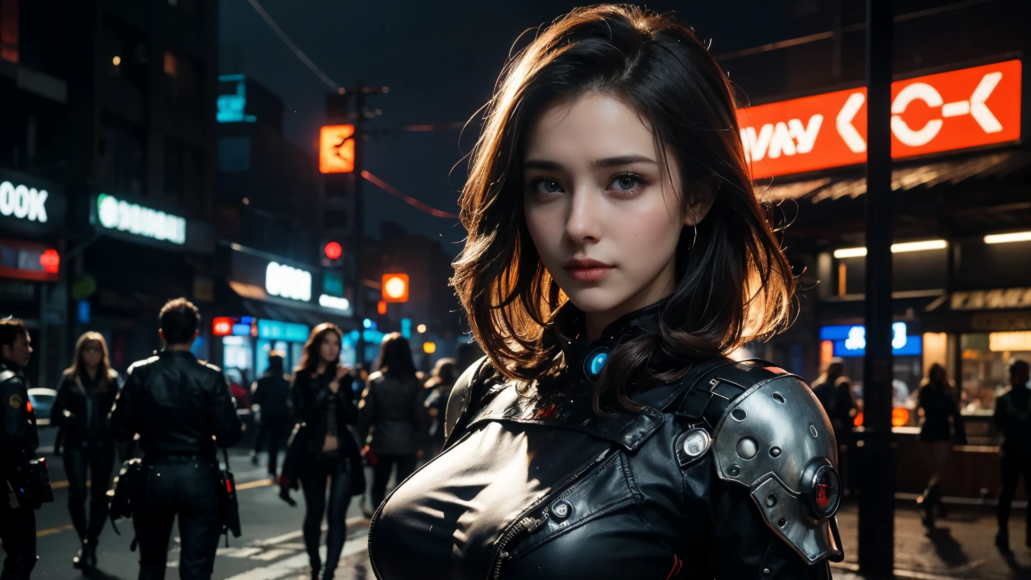 masterpiece,best quality,high resolution,8k,(Portrait Photos:1.5),(R Original Photo),real picture,Digital Photography,(Combination of cyberpunk and fantasy style),(individual),Female Soldiers,Random Hairstyle,Cyberpunk City，Bustling commercial street，By Bangs, Accessories,Closed mouth,Elegant and charming,Serious and arrogant,Calm and handsome,(Cyberpunk combined with fantasy style clothing）,hollow-carved design,Large Breasts，Joint Armor,Photo poses,Realistic style,oc render reflection texture，，futuristic city，Medium distance photography