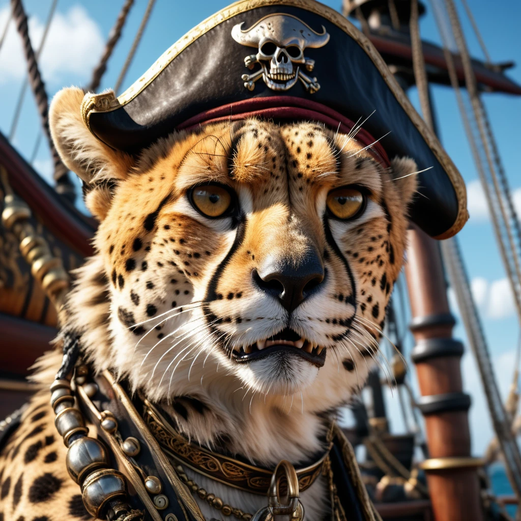 ultra realistic photo, fantasy character portrait of a cheetah pirate standing on his pirate ship, the cheetah pirate is very muscular and highly detailed, it's teeth is very Sharp, high resolution, dramatic lighting, 8k, intricate ornate details, pirate ship background