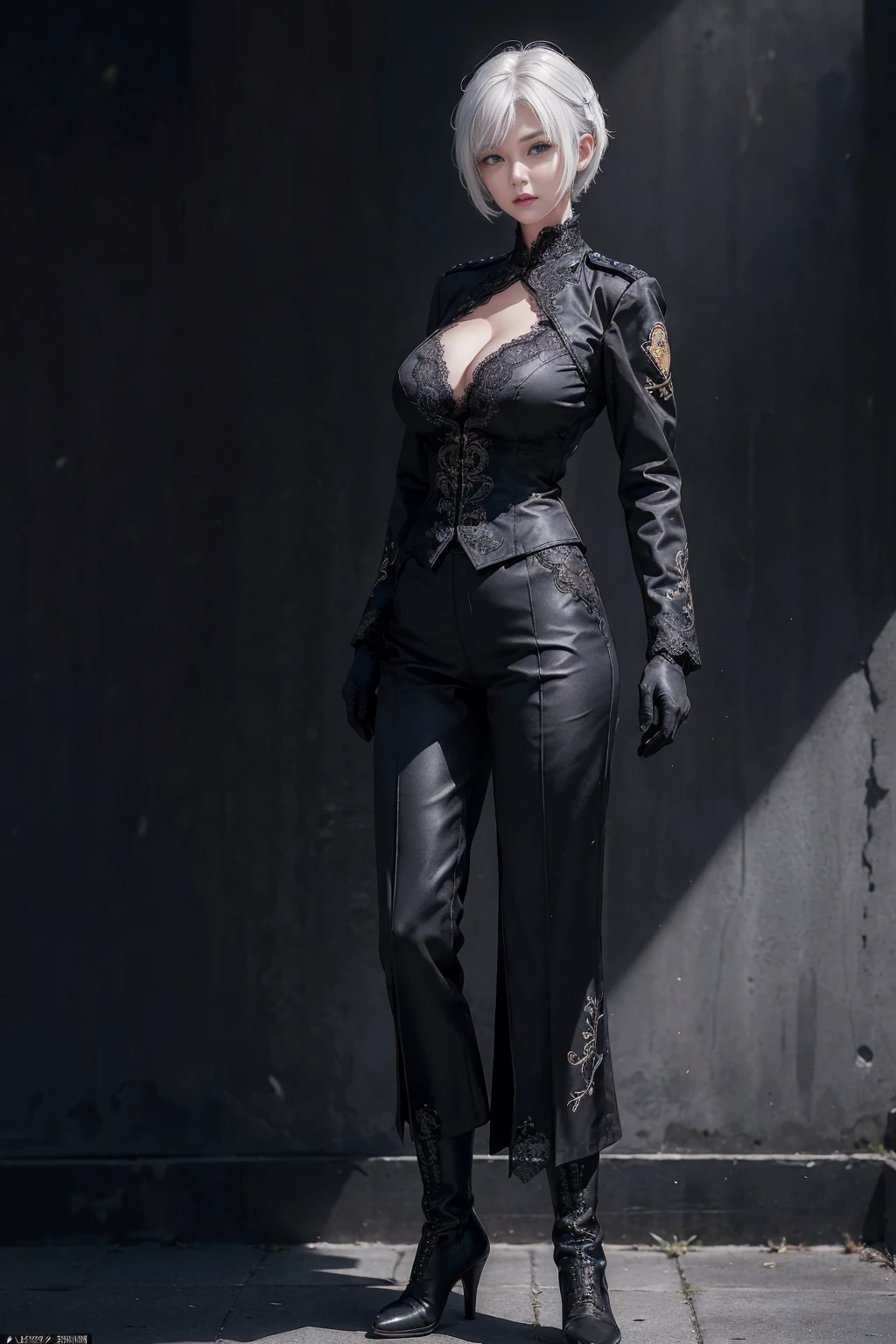 ((1 Full body single woman)) ,(Shooting from front and middle), looking at the camera, centered image, tmasterpiece,A high resolution, Absolutely beautiful, facing to the camera, Tall and fit body,(big breast : 1.3), white short hair with updo, (full coverage black lace uniform, Embroidery uniform, decorated uniform and pants, Exquisite details of the uniform and pants, black lace stockings, warrior, black gloves, show black boots, (lace) uniform, allure:white hair, short hair (hair behind the body), young adult,(Tall:1.5),Rich scene detail,In the midst of the war,standing.