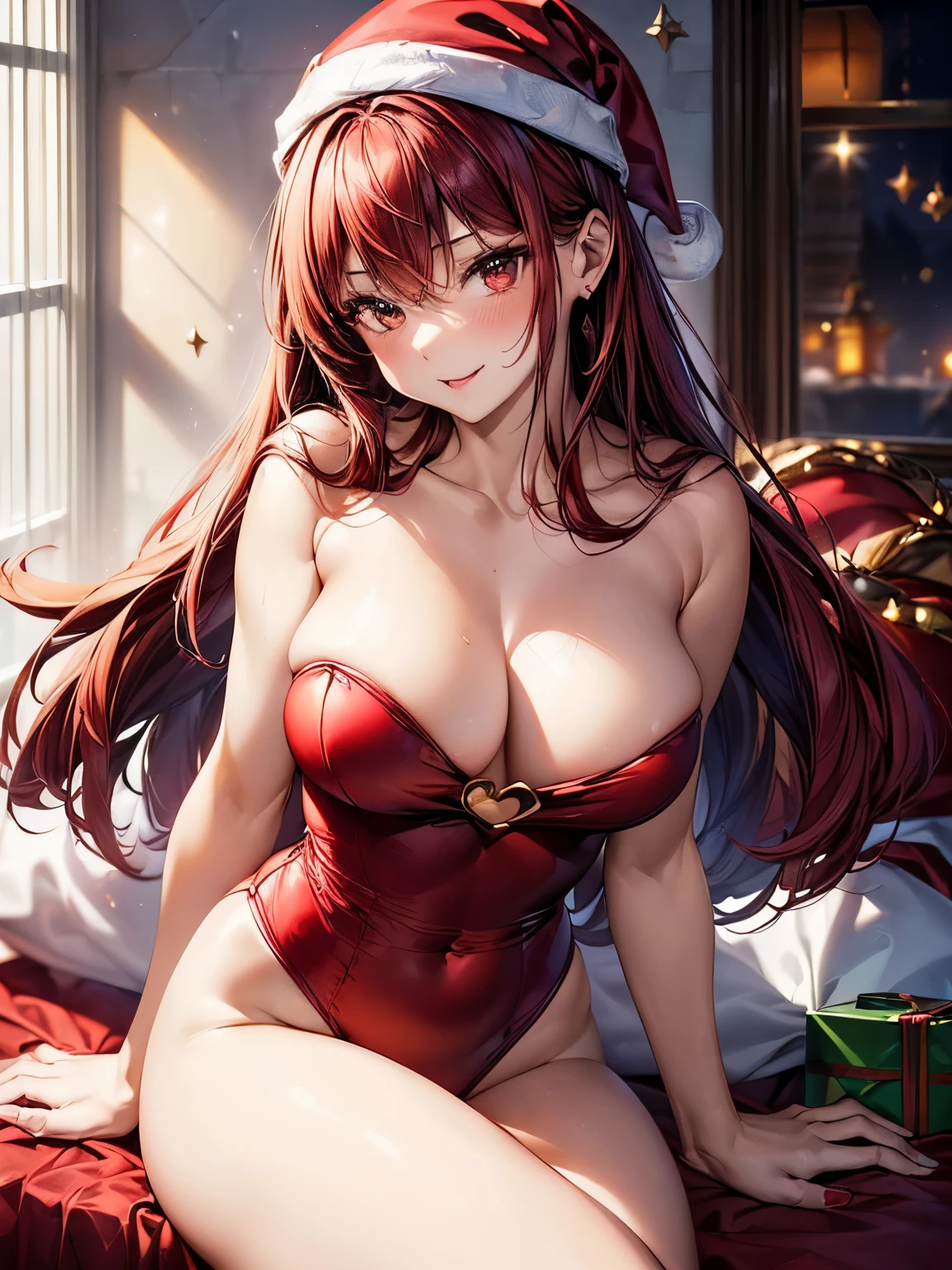 highest quality、Nice sexy body、One Woman、(solo)、((Beautiful busty woman:1.4))、(Woman with dark red hair:1.3)、Long hair woman、Woman with straight hair、Woman in Santa Claus costume、A woman wearing a Santa Claus cape、(A woman wearing a red Santa Claus-style leotard:1.3)、A woman wearing white knee-high socks、Christmas