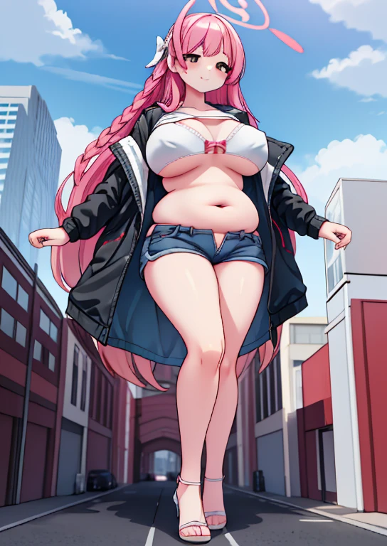 (masterpiece, best quality, highly detailed), 1girls, big belly, huge belly, art by kipteitei, round belly, chubby, curvy, belly grab, enormous belly, fat belly, thicc, bigger belly, really big belly, jiggly belly, glasses, unzipped jacket, (no shirt), bra, thight shorts, high heels, smug face ((full body)), long hair, ((dominant)), giantess