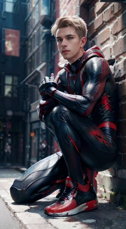 Full body photo,Sit on the ground,Exaggerated, spider boy,gwyn,male Spider-Man,Wenger Spider-Man costume outfit,((black and red colors)),24mm,4K textures,low-light,HDR ,complex,with short white hair,highly details,(side of head shaved:1.3),Sharp focus,insanely details,Complicateddetails,hyper-detailing,