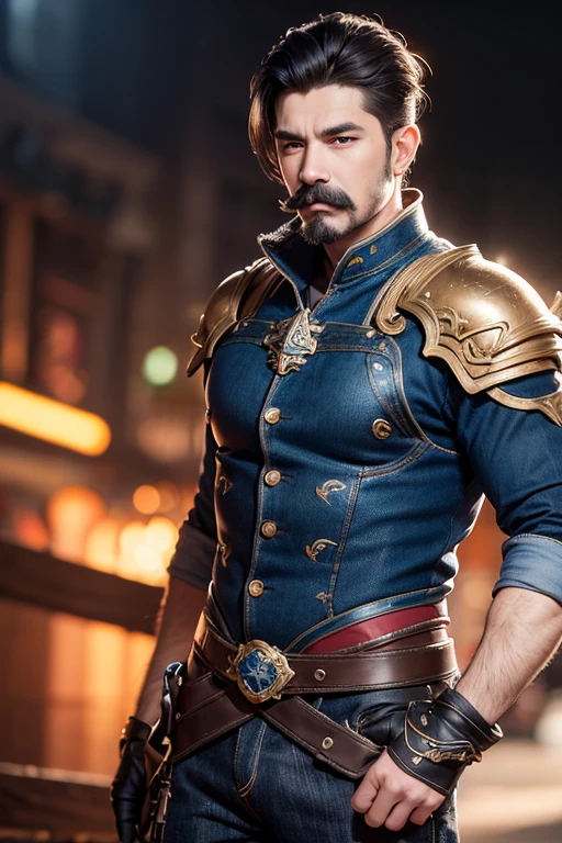 An 8k masterpiece, highest resolution, every detail, meticulous detail, depth of field, bright colors, beautiful composition: 1man with mustache,black undercut hair,armor and jeans,blue gloves,abstract background.