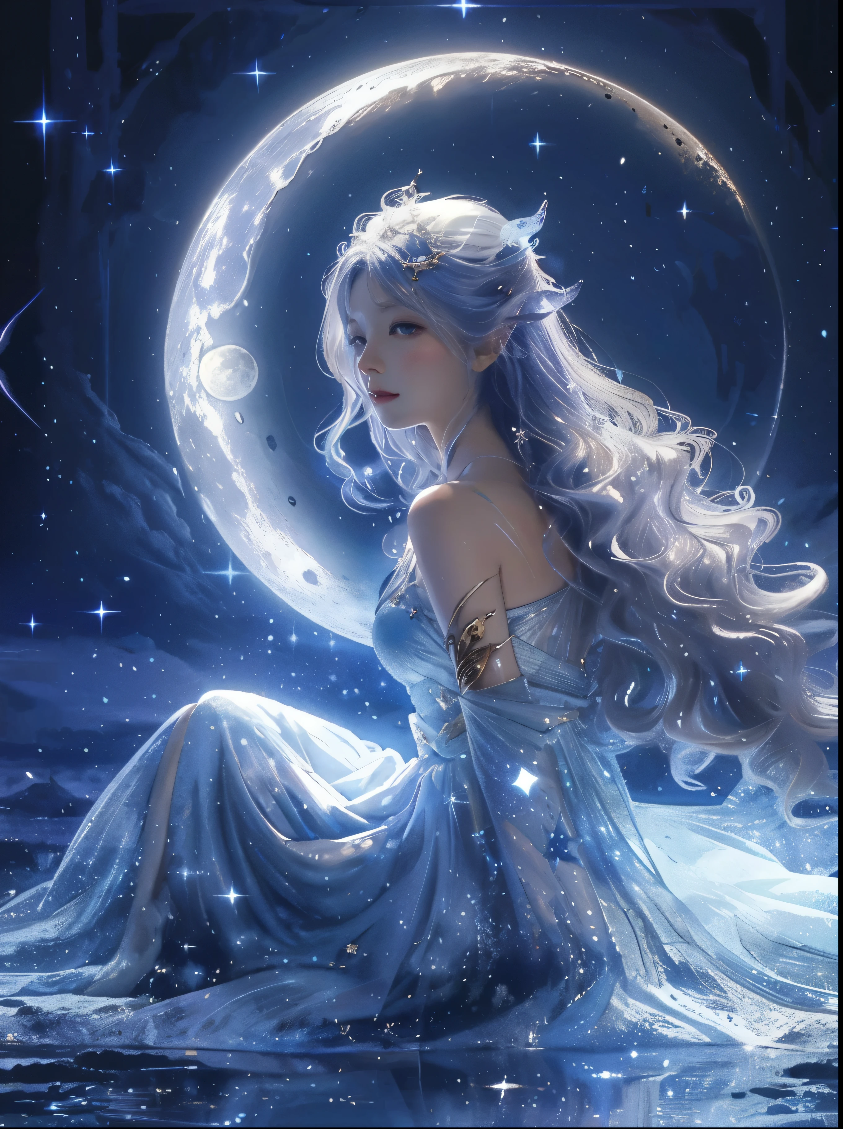 A woman in a dress sitting on the moon，The background is a star, ethereal fantasy, ethereal beauty, ethereal fairytale, Fantasy art style, Fantasy Beauty, Beautiful Celestial Mage, Celestial Fairy, Beautiful fantasy art, Very magical and dreamy, Moon Goddess, fairy aesthetics, ethereal and dreamy, ethereal!!!, fantasy aesthetics, xianxia fantasy, Moon Goddess