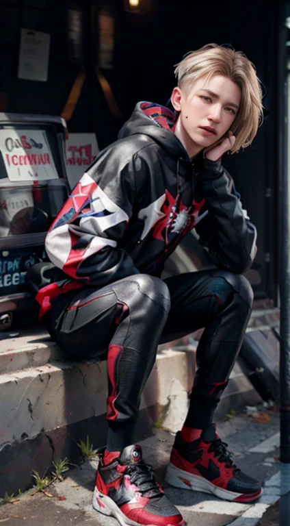 Full body photo,Sit on the ground,Exaggerated, spider boy, male Spider-Man,Wenger Spider-Man costume outfit,((black and red colors)),24mm,4K textures,low-light,HDR ,complex,with short white hair,highly details,(side of head shaved:1.3),Sharp focus,insanely details,Complicateddetails,hyper-detailing,