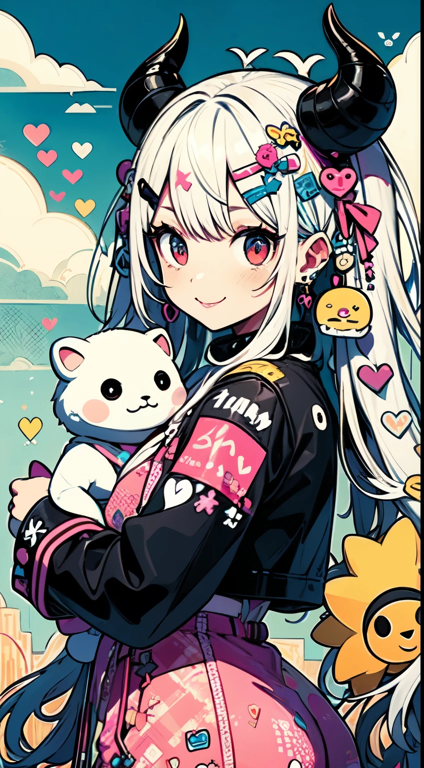 "kawaii, cute, adorable woman with pink, yellow, and baby blue color scheme. She is dressed in sky-themed clothes made out of clouds and sky motifs. Her outfit is fluffy and soft, with decora accessories like hairclips. She embodies the vibrant and trendy Harajuku fashion style." White hair, red eyes, horns, demon wings, big ,big ass, big lips, juicy lips, huge hair, smile