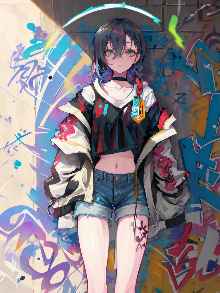 (best quality,1 woman,alone),(striped hair:white),(crop top:white),(sukajan coat),(dark denim shorts),(choker),(graffiti:1.25),(splash of color),(arms behind),(nonsense),(lean back),(leaning against the wall),(tilt to the side:0.125),(watch the audience),(armband),(thigh strap),(paint on body),(eyes aimed upwards),(heading down),(tilt your head),(from the side:0.9),(expressionless:0.75),(hand in pocket)