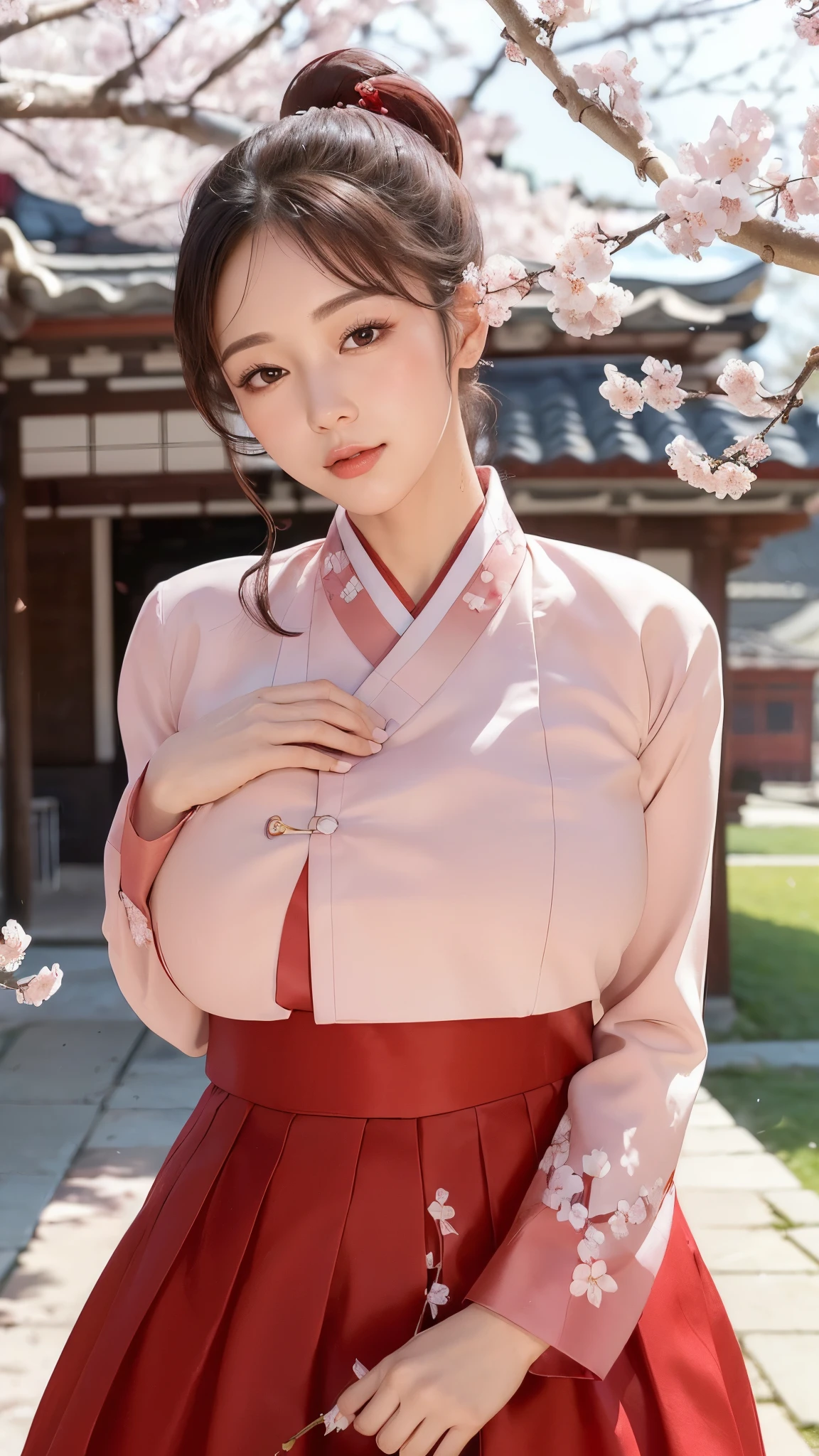 (best quality, 8K, masterpiece: 1.3), ((((((Incredibly huge breasts: 0.8))))), single ponytail, (beautiful face:1.3), Cherry blossoms are in full bloom, full of cherry blossoms, floating cherry blossom petals, very cool, authentic hanbok, Red skirt