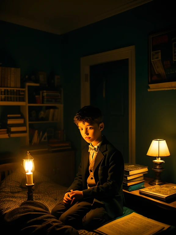 A 12-year-old boy in his room in the dark night illuminated by candles, thoughtful and serious appearance, thin and fine face, elegant clothes, early 1900s, room full of books, five fingers on each hand, electrical storm outside, very heavy rain.