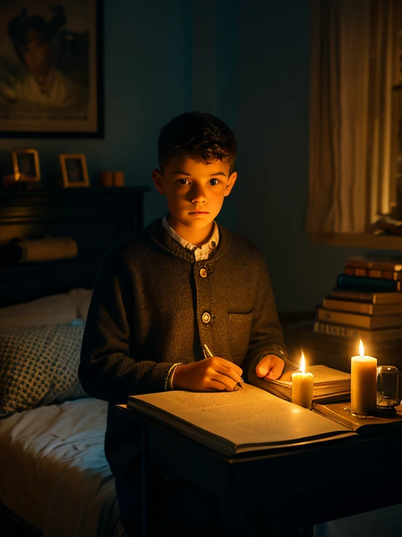 A -yeld bon his room in the dark night illuminated by candles, thoughtful and serious appearance, thin and fine face, elegant clothes, early 1900s, room full of books, five fingers on each hand, electrical storm outside, very heavy rain.