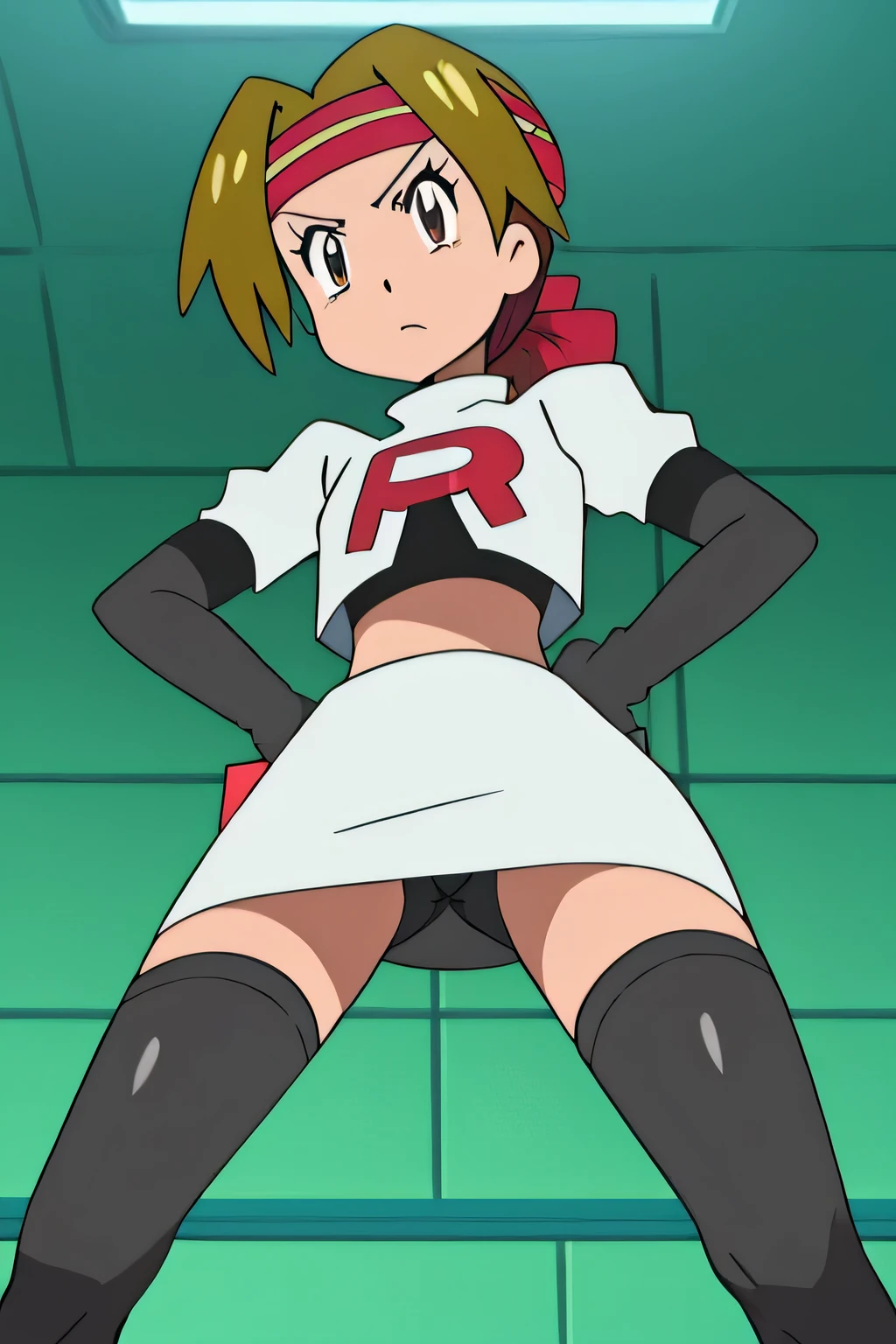 masterpiece,best quality,high res,high quality,8k, masterpiece,highres, team rocket uniform, red letter r, white skirt,white crop top,black thigh-high boots, black elbow gloves, glaring angrily, looking down at viewer, hands on hips, cowboy shot, zettai ryouiki,spread legs,from below, black panties,anime style, vivid colors, sharp focus, intense lighting,jessie rasberry,headband