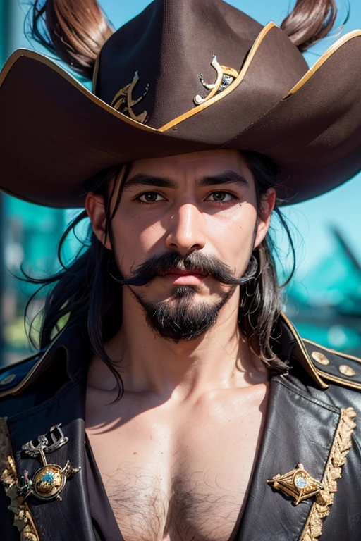 An 8k masterpiece, highest resolution, every detail, meticulous detail, depth of field, bright colors, beautiful composition: 1man with mustache,black undercut hair,pirate clothes,pirate hat,earings,blue gloves,abstract background.