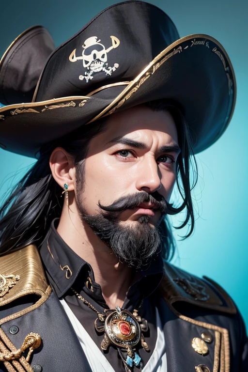 An 8k masterpiece, highest resolution, every detail, meticulous detail, depth of field, bright colors, beautiful composition: 1man with mustache,black undercut hair,pirate clothes,pirate hat,earings,blue gloves,abstract background.
