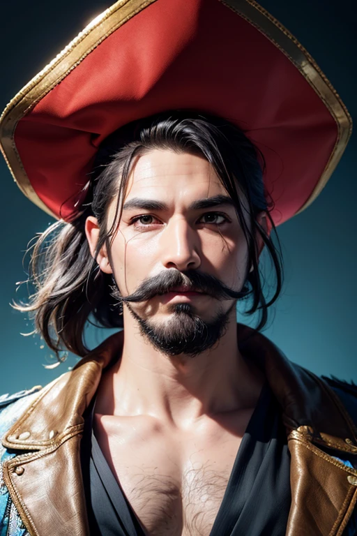 An 8k masterpiece, highest resolution, every detail, meticulous detail, depth of field, bright colors, beautiful composition: 1man with mustache,black undercut hair,pirate clothes,pirate hat,earings,blue gloves,abstract background.