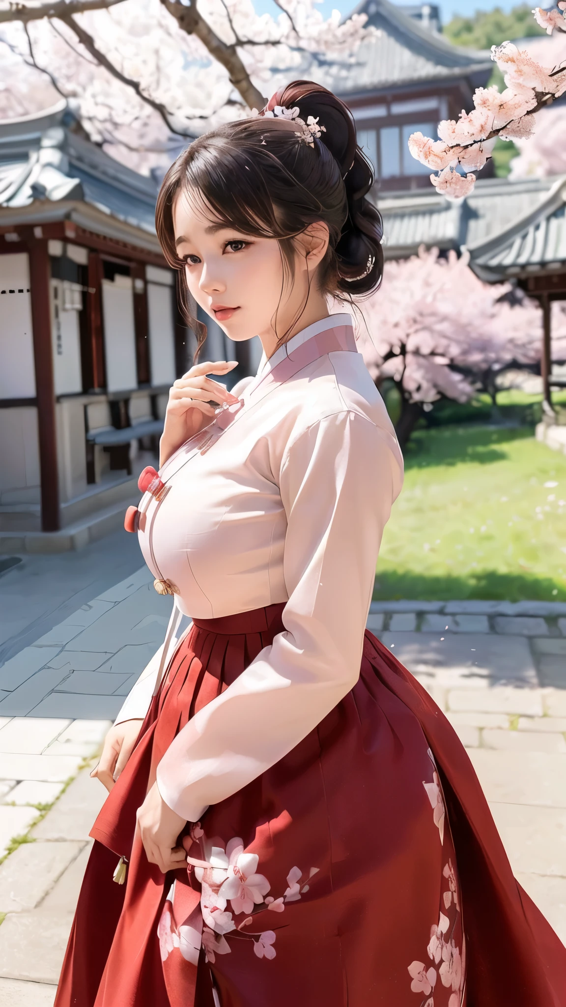 (best quality, 8K, masterpiece: 1.3), ((((((Incredibly huge breasts: 0.8))))), ponytail, hairpin, (beautiful face:1.3), Cherry blossoms are in full bloom, full of cherry blossoms, floating cherry blossom petals, very cool, authentic hanbok, Red skirt