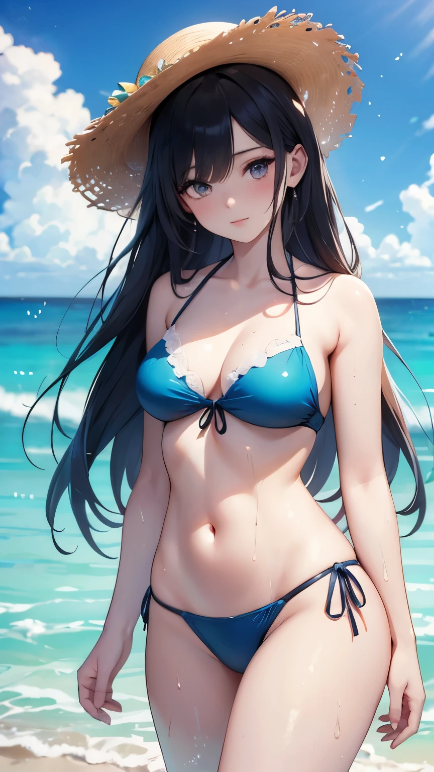 ((Best quality, 8k, Masterpiece: 1.3)), Sharp focus A beautiful woman with perfect body, Highly detailed face and skin texture, Detailed eyes, long hair, messy hair, (very long hair, hair over eyes), shiny hair, wet hair, (blue green swimsuit), (Wearing a bandeau bikini), poolside, wide-brimmed hat, ((wet skin)), animation