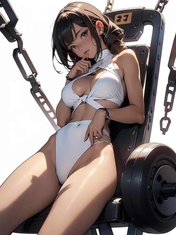 Sexy brown skin Azur Lane waifu，Giant big breasts，topless , braless , exposed breasts Curves are super thick，sixpack abs，Tied to a torture chair，Torture machine，chain，Trapped，in basement，Hostaged，nipple torture，electric chair，Sadness and crying，dreads，urinating on herself，，Tight(White transparent ultra-small cloth bikini，see-through thong，Open the thong vaginal run，Leucorrhoea， The blown tide revealed her breasts，camel-toe，diamond jewelly，Harajuku girl makeup， Sexy breast indentation， evoke， sfv， one-girl， solo， Perfect body， s the perfect face， perfect hand， Perfect Finger， Perfect lips， perfect  eyes， Perfect background， perfect atmosphere， Professional quality， 8K， Perfect photography， Highest high resolution， 8K， Ray traching， perfect volumetric lighting， High-quality octane rendering， high quality vector， ultra - detailed， SAW movie scenes， Torture chamber， Clear skin， minimalistbackground， Perfect skin， no abberations