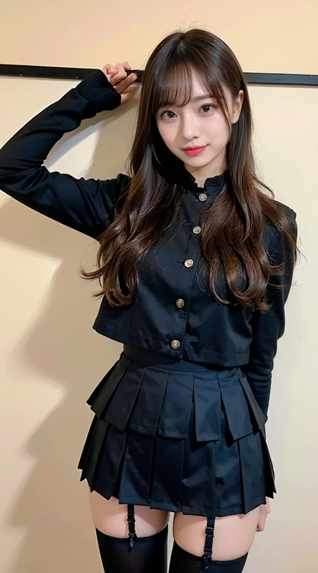 (8k、RAW Photos、highest quality、masterpiece:1.2)、(Realistic、Realistic)、1 girl、((Black business suit、Black mini skirt、Black Stockings、look forward to、))、Lots of eyelashes、Add shine to your eyelids、skeletally correct、Sweaty body、Beautifully trimmed fingertips、smile、